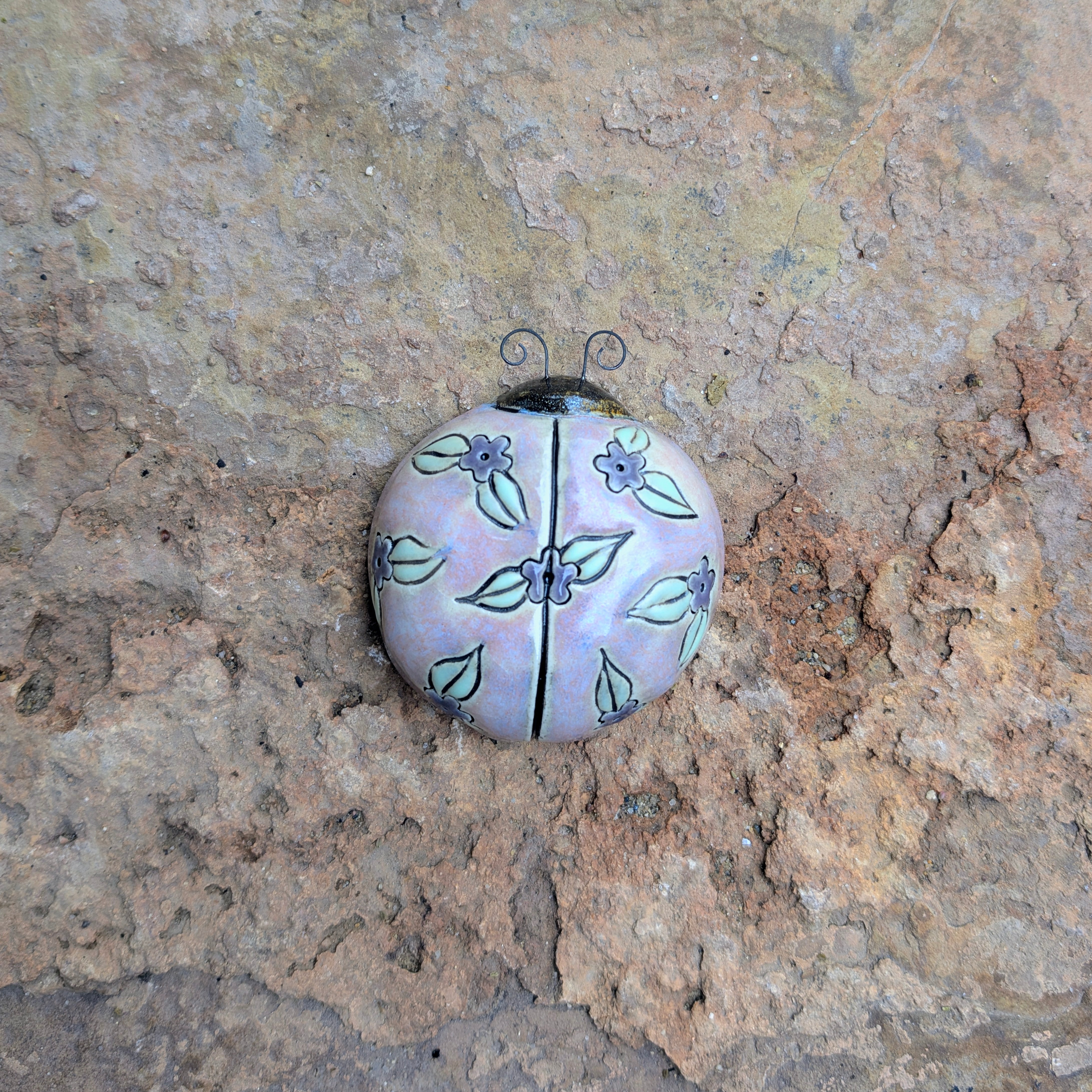Purple Ditsy Flower on Pastel Ladybug by Sarah Beth Pottery