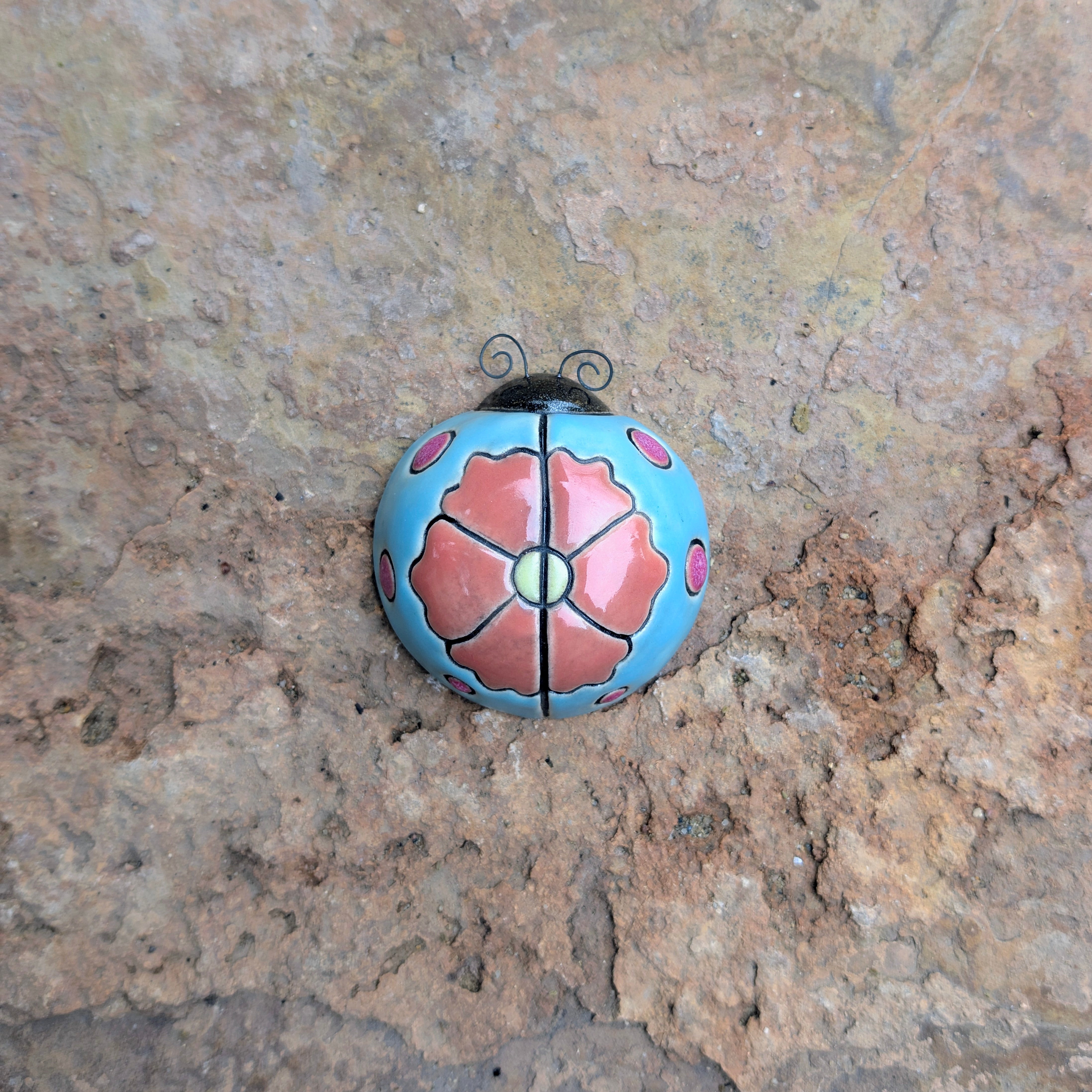 Salmon Flower on Aqua Ladybug by Sarah Beth Pottery