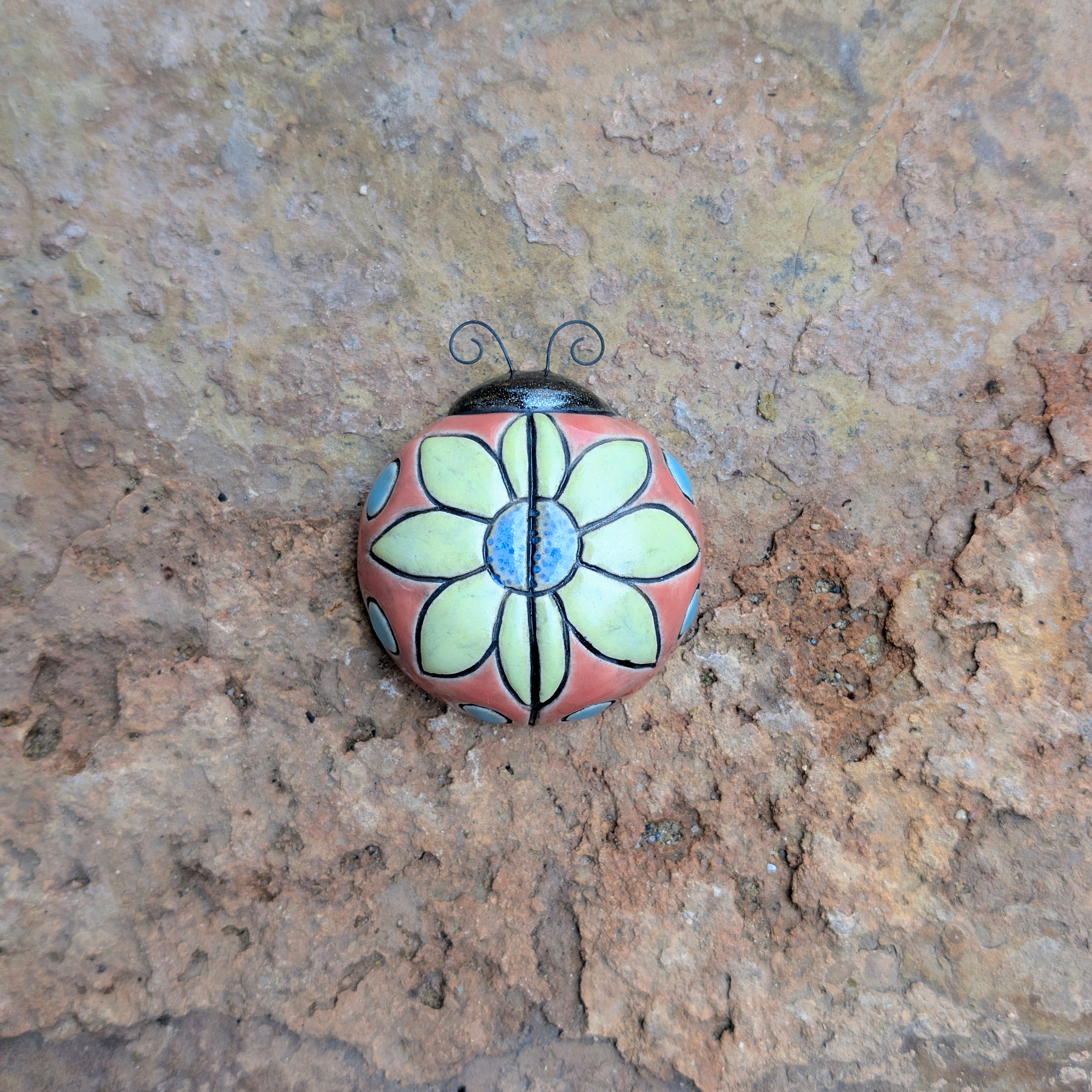 Yellow Flower on Salmon Ladybug by Sarah Beth Pottery