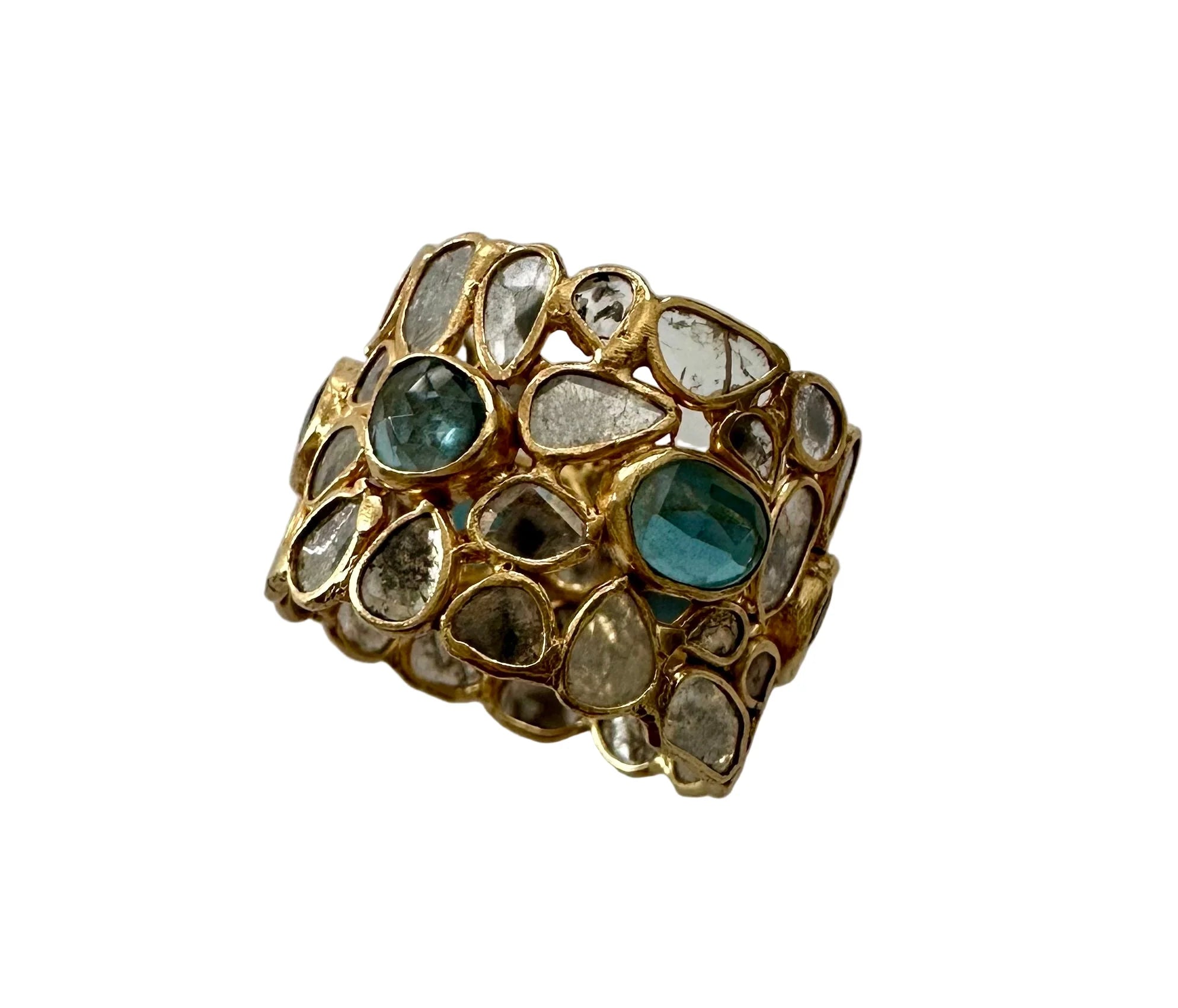 Mosaic Rough Cut Sliced Diamonds with Blue Topaz Ring by Sikara & Co - size 8