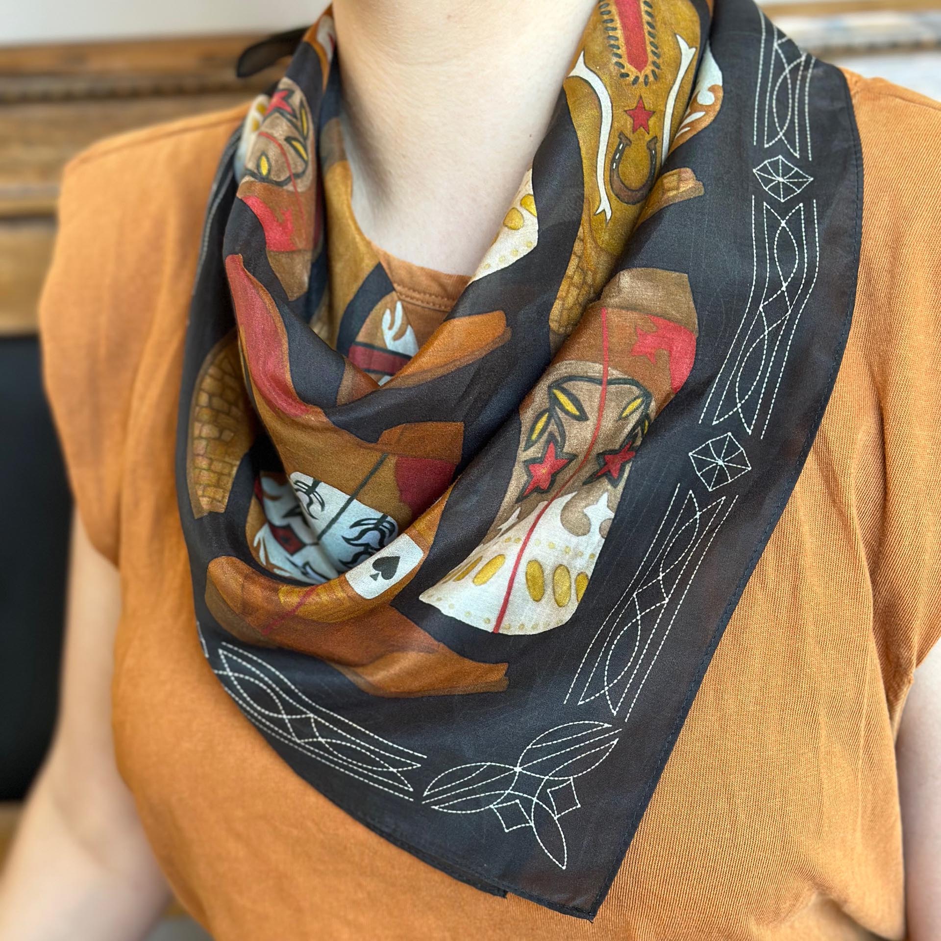Cowboy Boot Scarf - Charcoal Black - Silk/Cotton by ZZ Perry