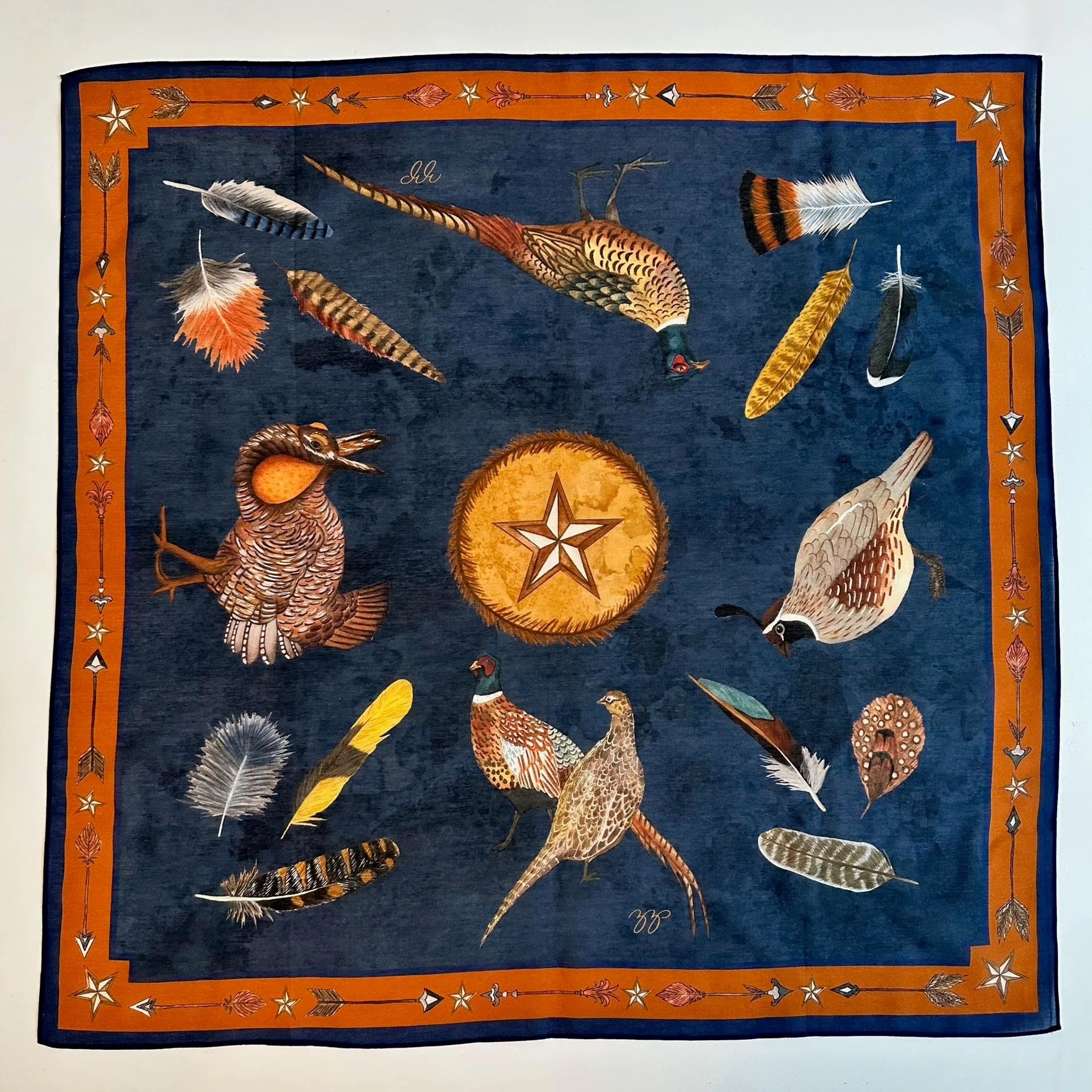 Upland Birds Scarf - Dark Indigo - Silk/Cotton by ZZ Perry