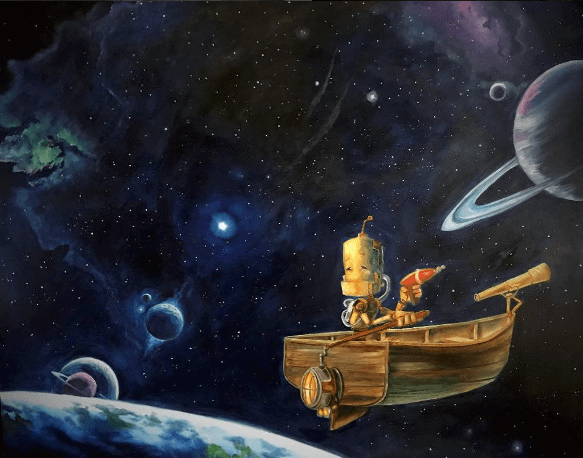 Galactic Bot - Robots in Rowboats by Lauren Briere + Print on Wood "Brick"