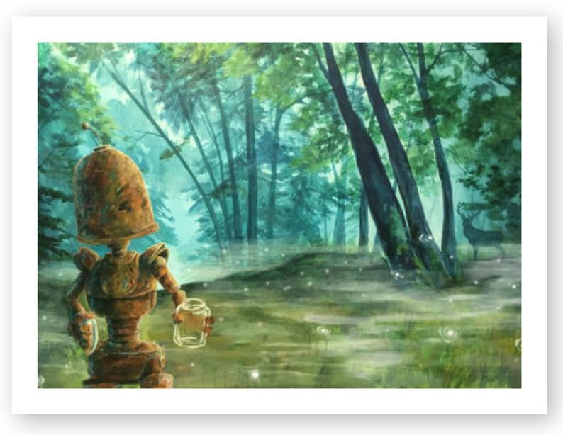 Forest Bot Misty Forest Bot -Robots in Rowboats by Lauren Briere + Paper Print ...